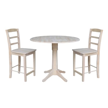 International Concepts Round 42 in Rd Ped Gathering Ht Table, 2 Stools, Unfinished, Ready to Finish, 42 in W, 42 in L, Wood K-42DPT-27-S402-2
